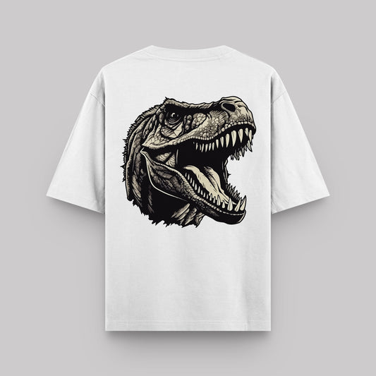 White t-shirt with a dinosaur graphic on a gray background