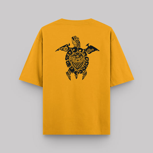 Yellow t-shirt with a black turtle design on the back against a gray background