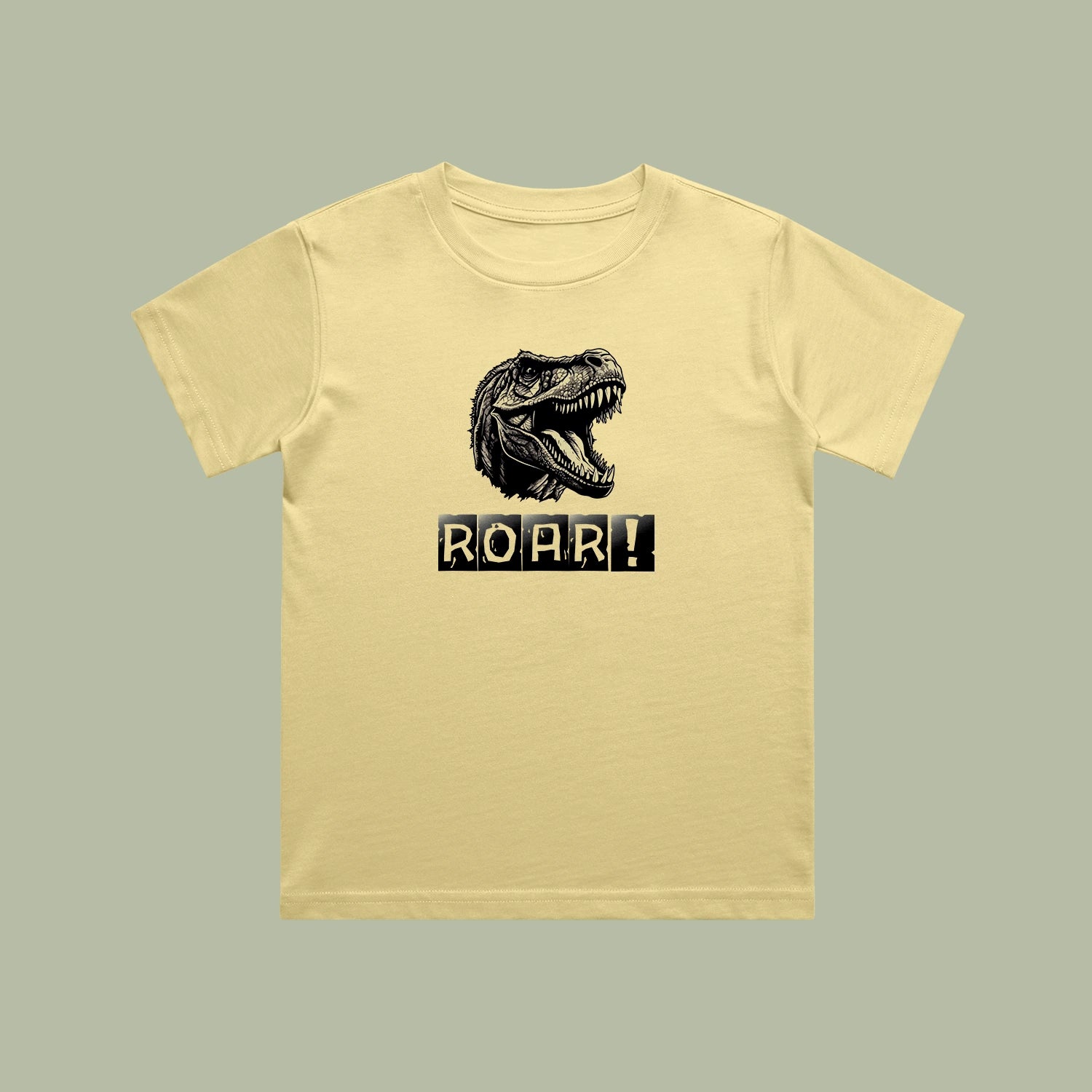 Beige t-shirt with a dinosaur graphic and 'ROAR!' text on a light gray background