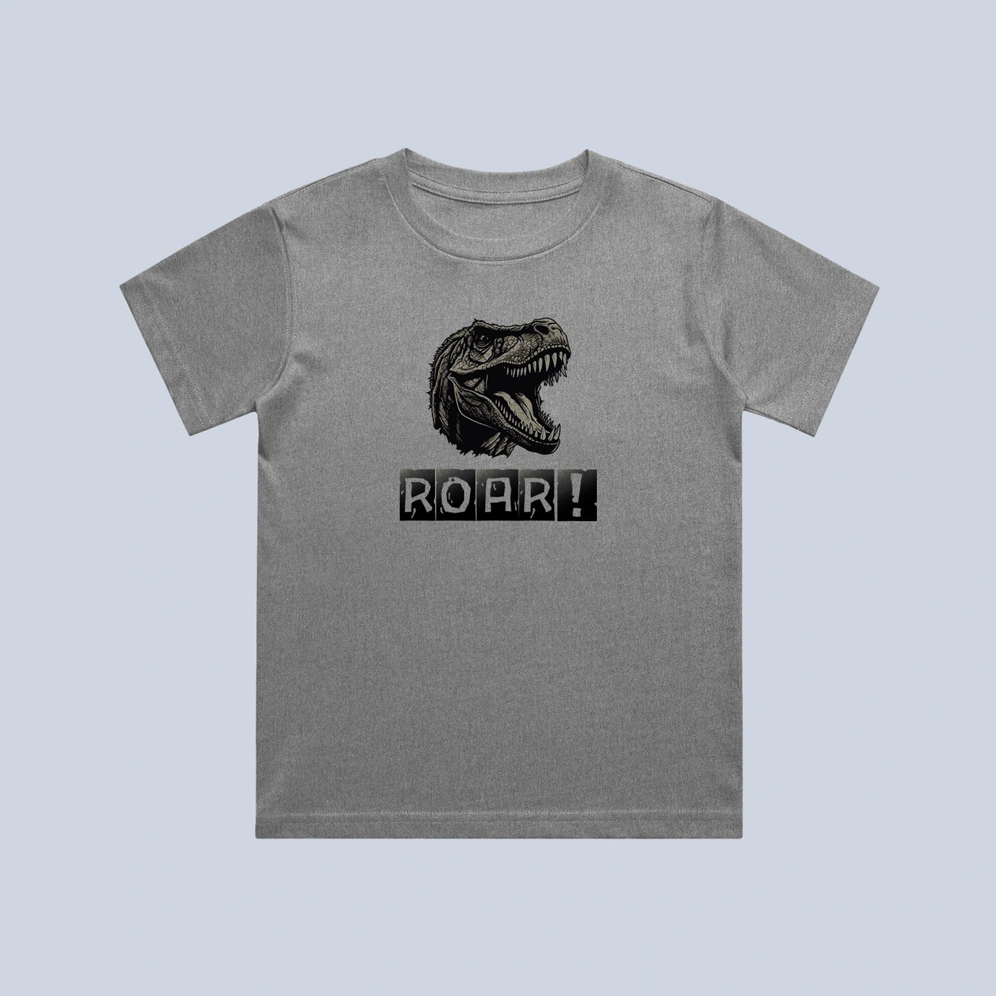 Gray t-shirt with a dinosaur graphic and 'ROAR!' text on a light blue background