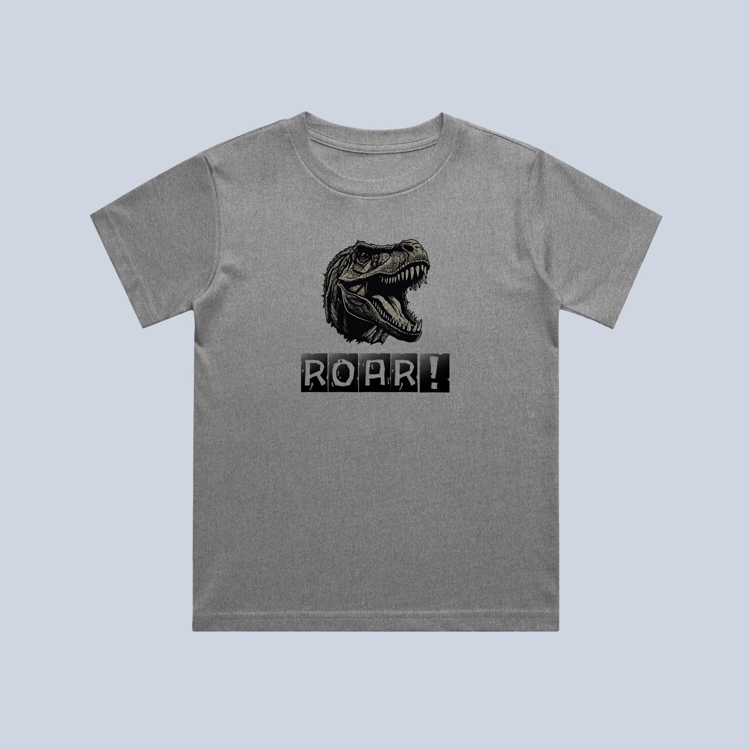 Gray t-shirt with a dinosaur graphic and 'ROAR!' text on a light blue background