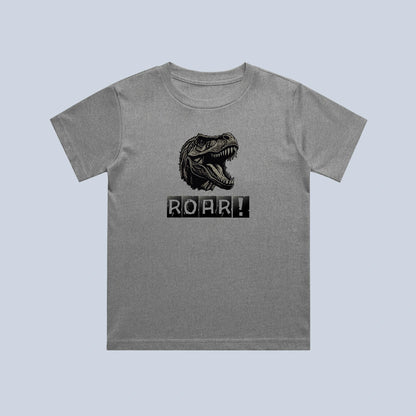 Gray t-shirt with a dinosaur graphic and 'ROAR!' text on a light blue background