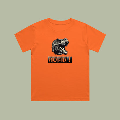 Orange t-shirt with a dinosaur graphic and 'ROAR!' text on a beige background
