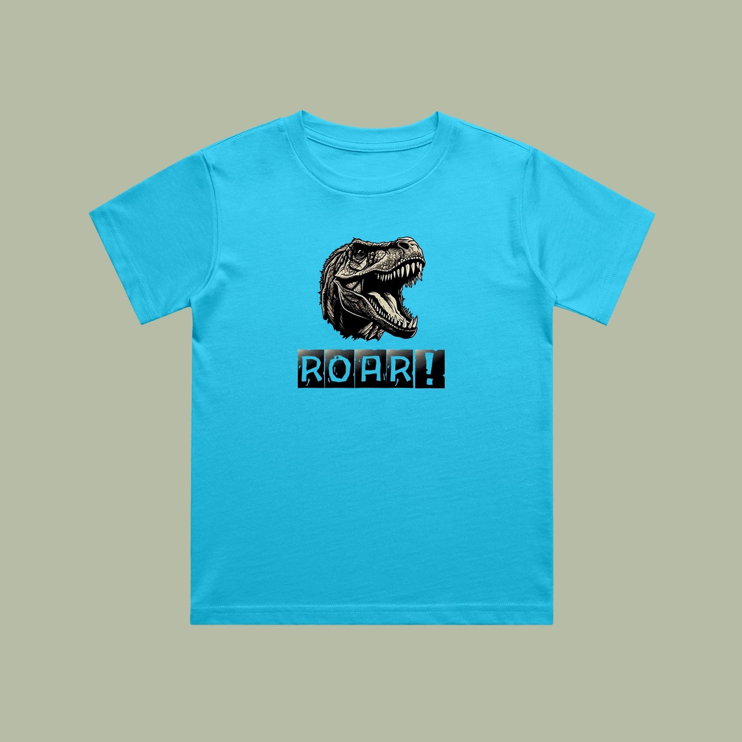 Blue t-shirt with a dinosaur graphic and 'ROAR!' text on a beige background