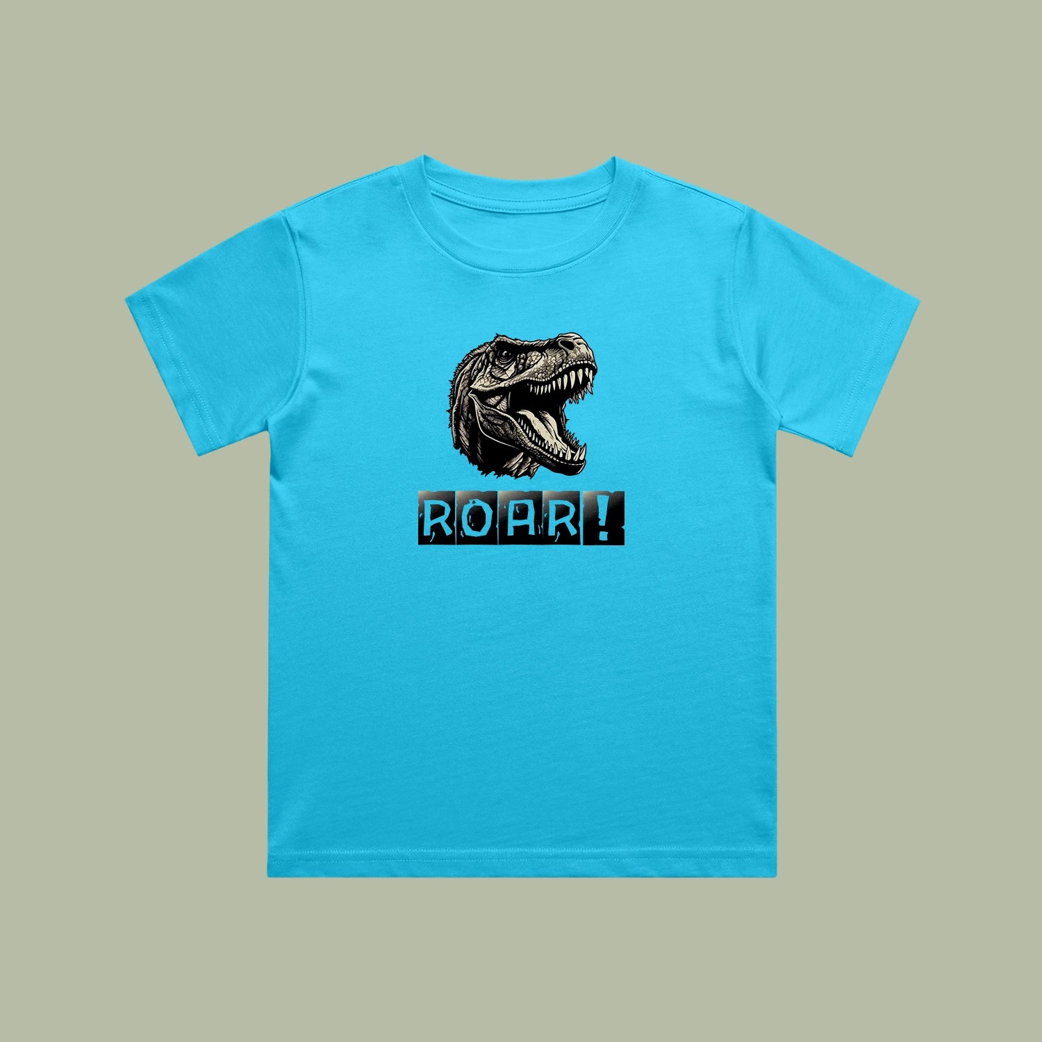 Blue t-shirt with a dinosaur graphic and 'ROAR!' text on a beige background