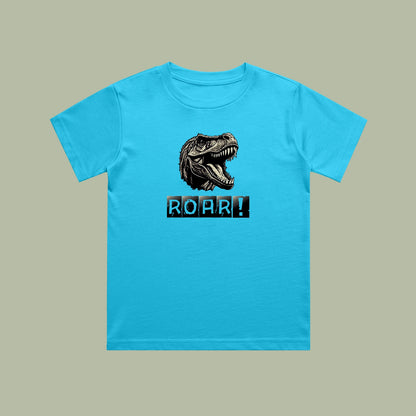 Blue t-shirt with a dinosaur graphic and 'ROAR!' text on a beige background