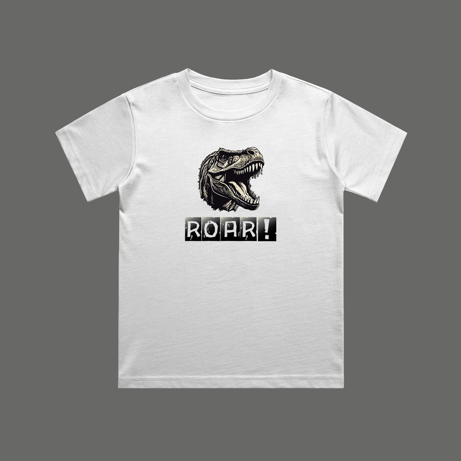 White t-shirt with a dinosaur graphic and 'ROAR!' text on a gray background