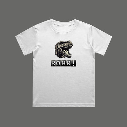White t-shirt with a dinosaur graphic and 'ROAR!' text on a gray background