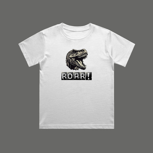 White t-shirt with a dinosaur graphic and 'ROAR!' text on a gray background