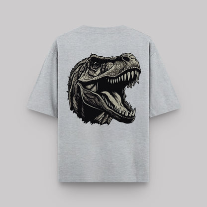 Gray t-shirt with a dinosaur graphic on the back against a light gray background