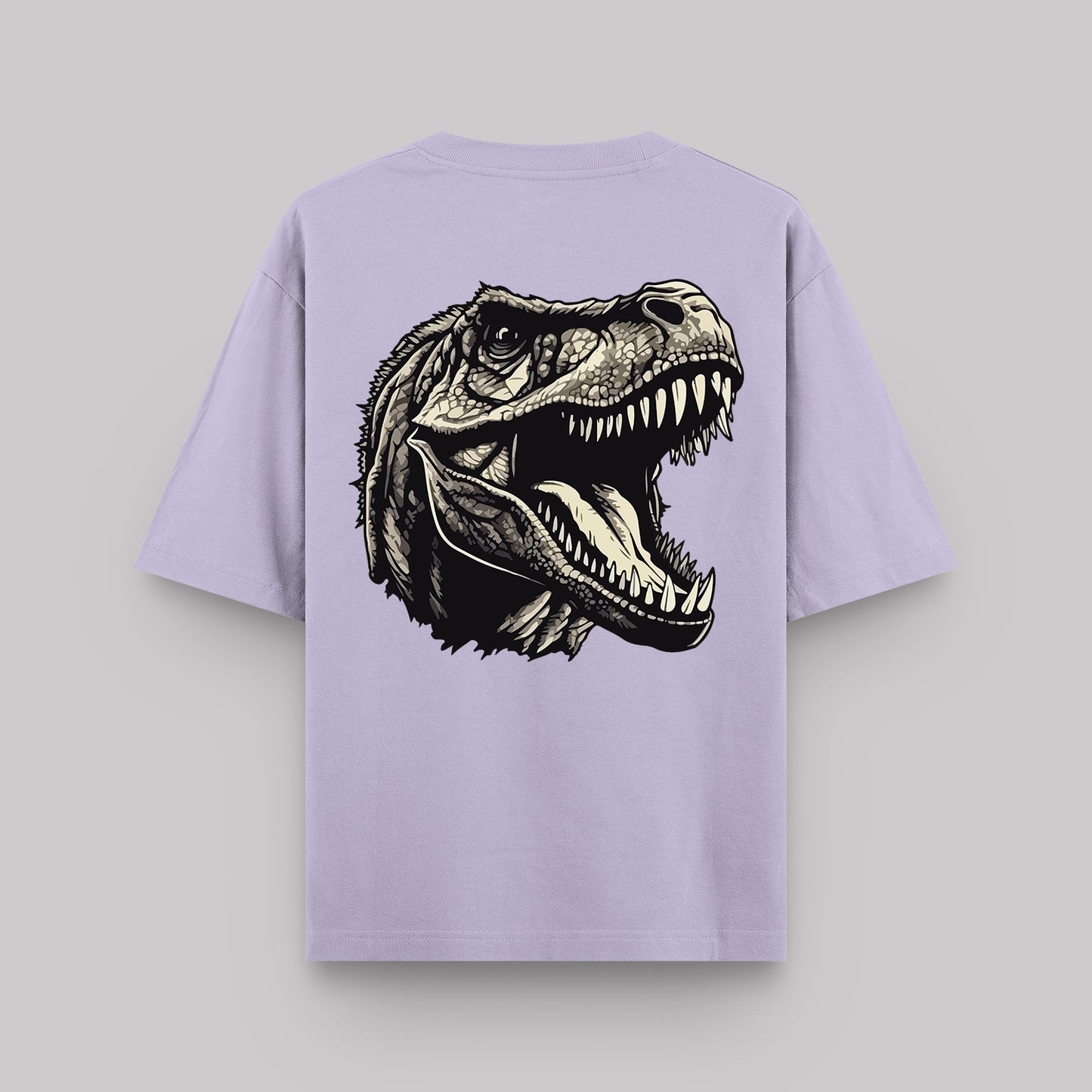 Purple t-shirt with a dinosaur graphic on the back against a light gray background