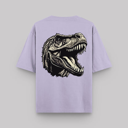 Purple t-shirt with a dinosaur graphic on the back against a light gray background