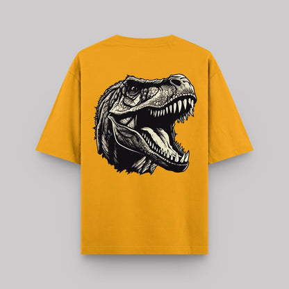 Yellow t-shirt with a dinosaur graphic on the back against a gray background