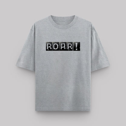 Gray t-shirt with 'ROAR!' print on a light gray background