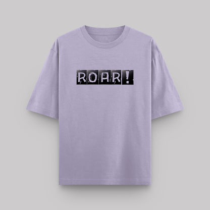 Lavender t-shirt with 'ROAR!' print on a light gray background