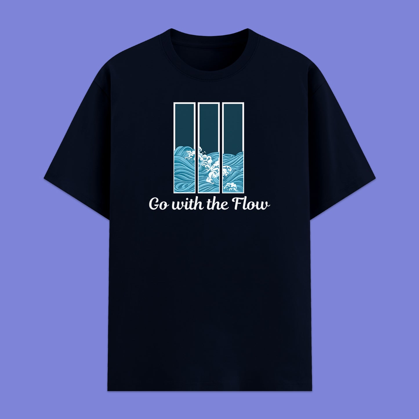 Navy Blue t-shirt with 'Go with the Flow' design on a blue background