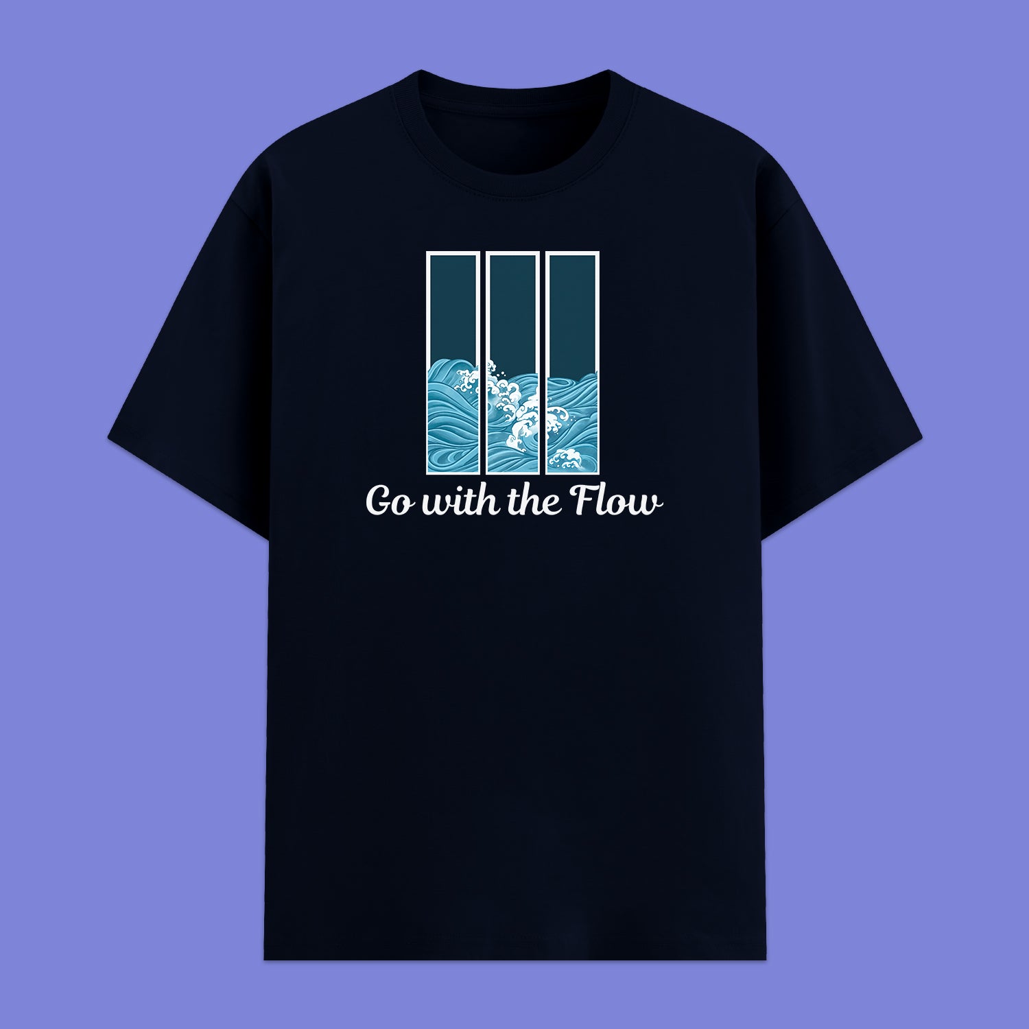 Navy Blue t-shirt with 'Go with the Flow' design on a blue background