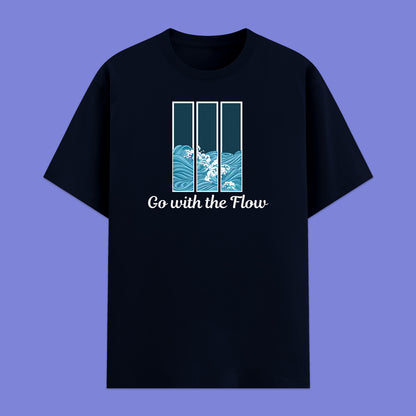 Navy Blue t-shirt with 'Go with the Flow' design on a blue background