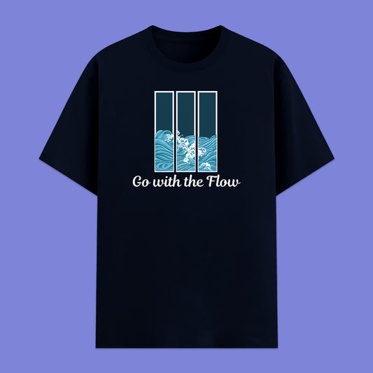Navy Blue t-shirt with 'Go with the Flow' design on a blue background