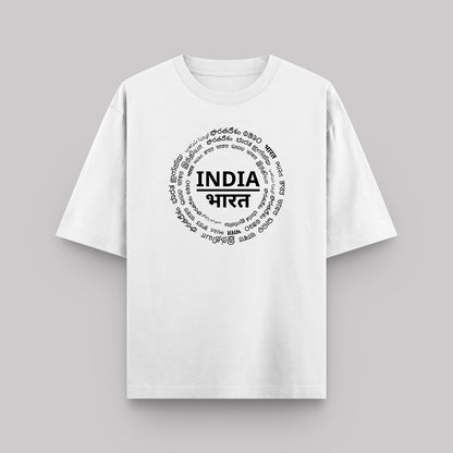 White t-shirt with 'INDIA' printed in multiple languages on a gray background