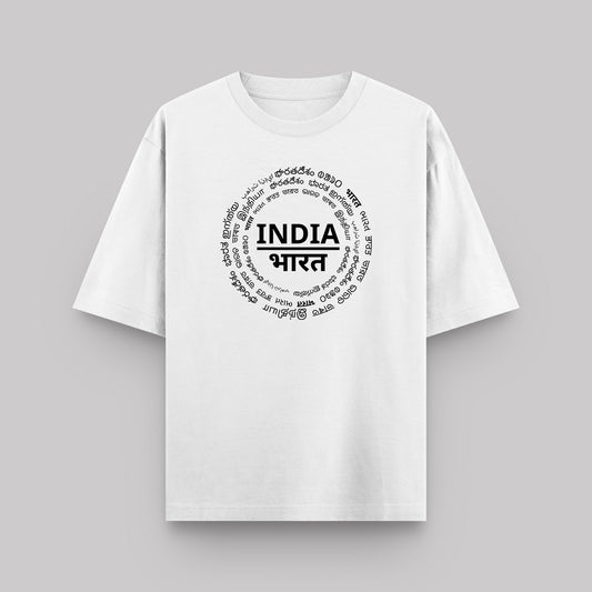 White t-shirt with 'INDIA' printed in multiple languages on a gray background