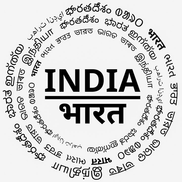Word 'INDIA' in multiple languages arranged in a circular pattern on a white background