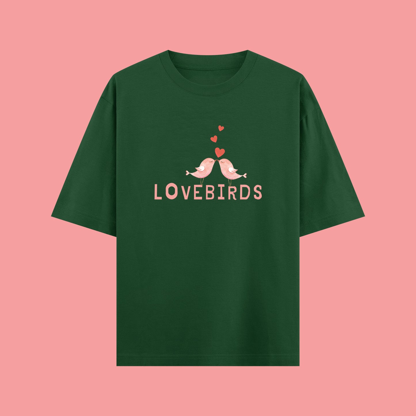 Green t-shirt with 'LOVEBIRDS' design on a pink background