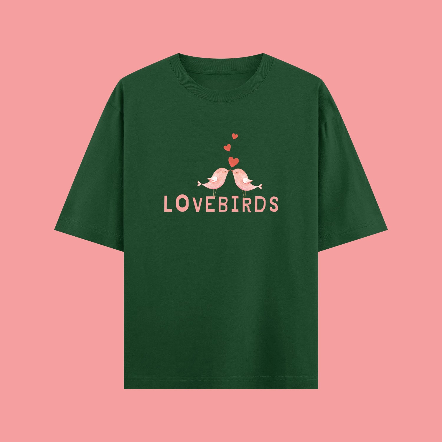 Green t-shirt with 'LOVEBIRDS' design on a pink background