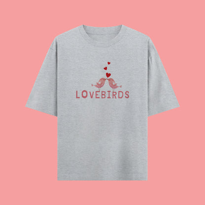 Gray t-shirt with 'LOVEBIRDS' design on a pink background