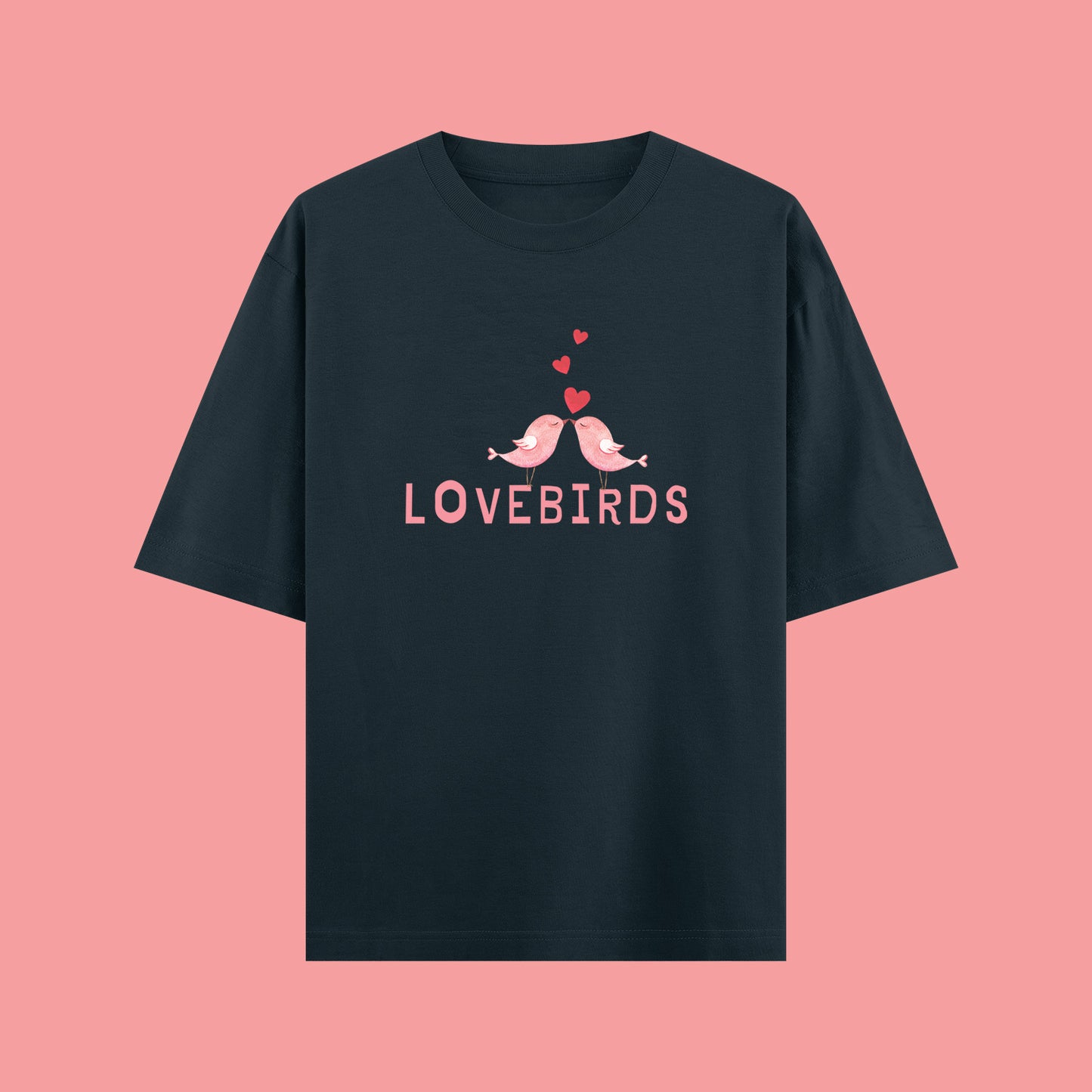 Black t-shirt with 'LOVEBIRDS' design on a pink background