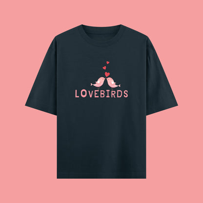 Black t-shirt with 'LOVEBIRDS' design on a pink background
