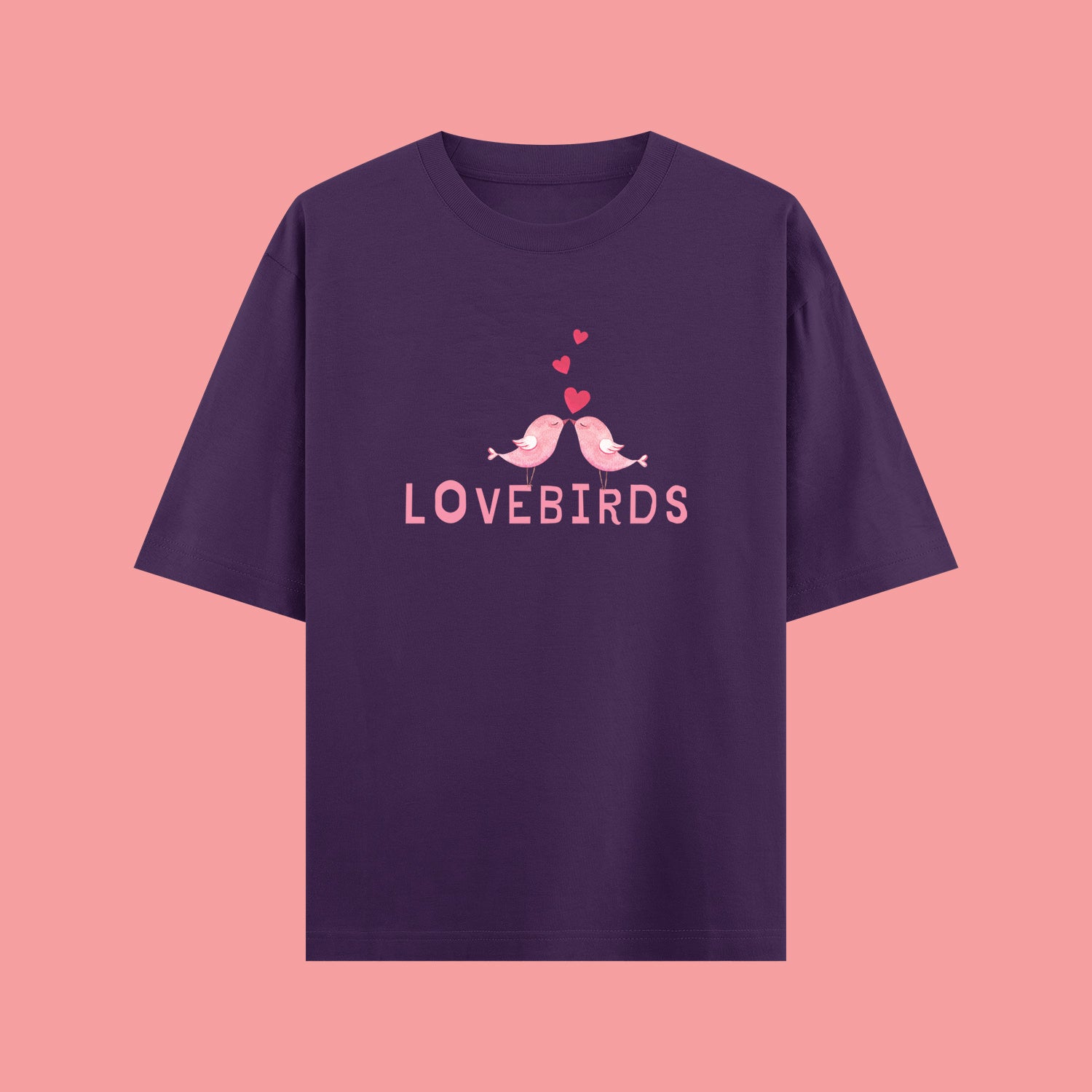Purple t-shirt with 'LOVEBIRDS' design on a pink background