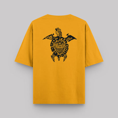 Yellow t-shirt with a black turtle design on the back against a gray background