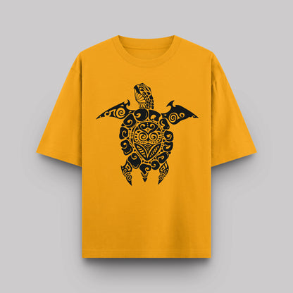 Yellow t-shirt with a black turtle design on a gray background