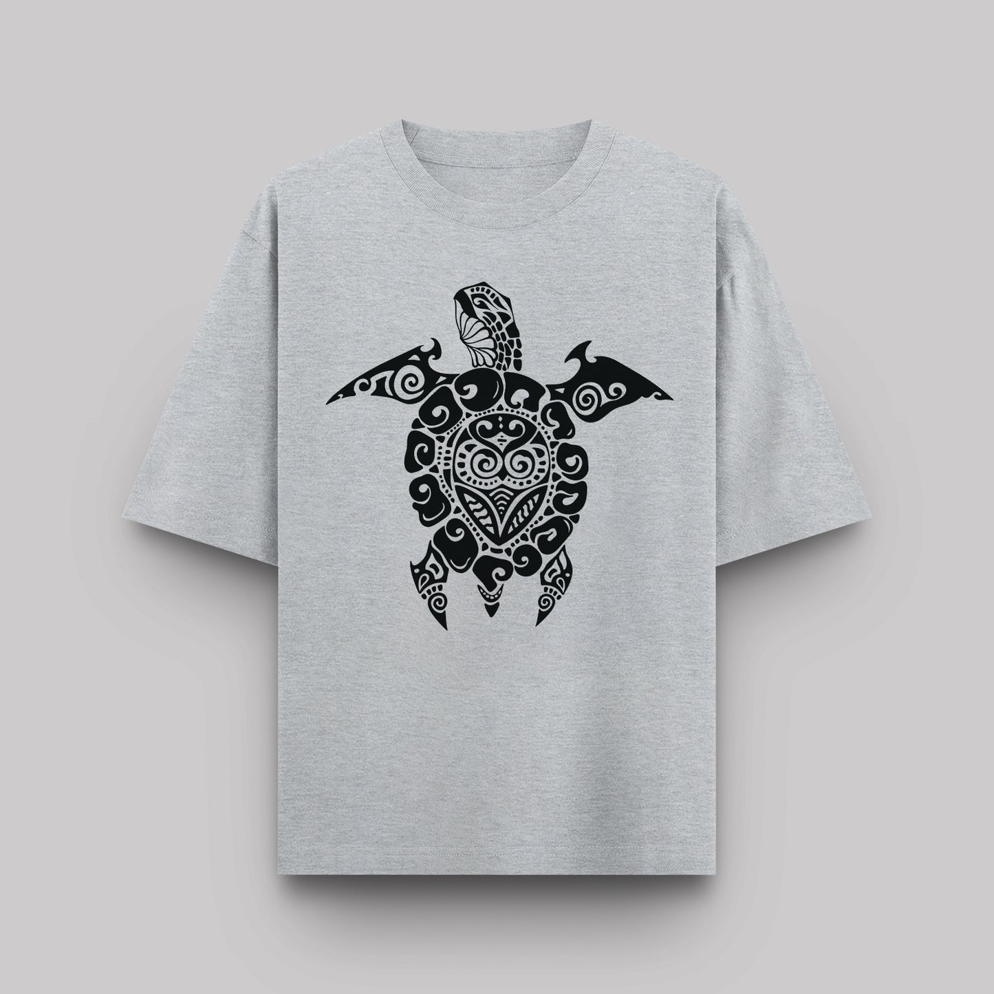 Gray t-shirt with a black turtle design on a light gray background