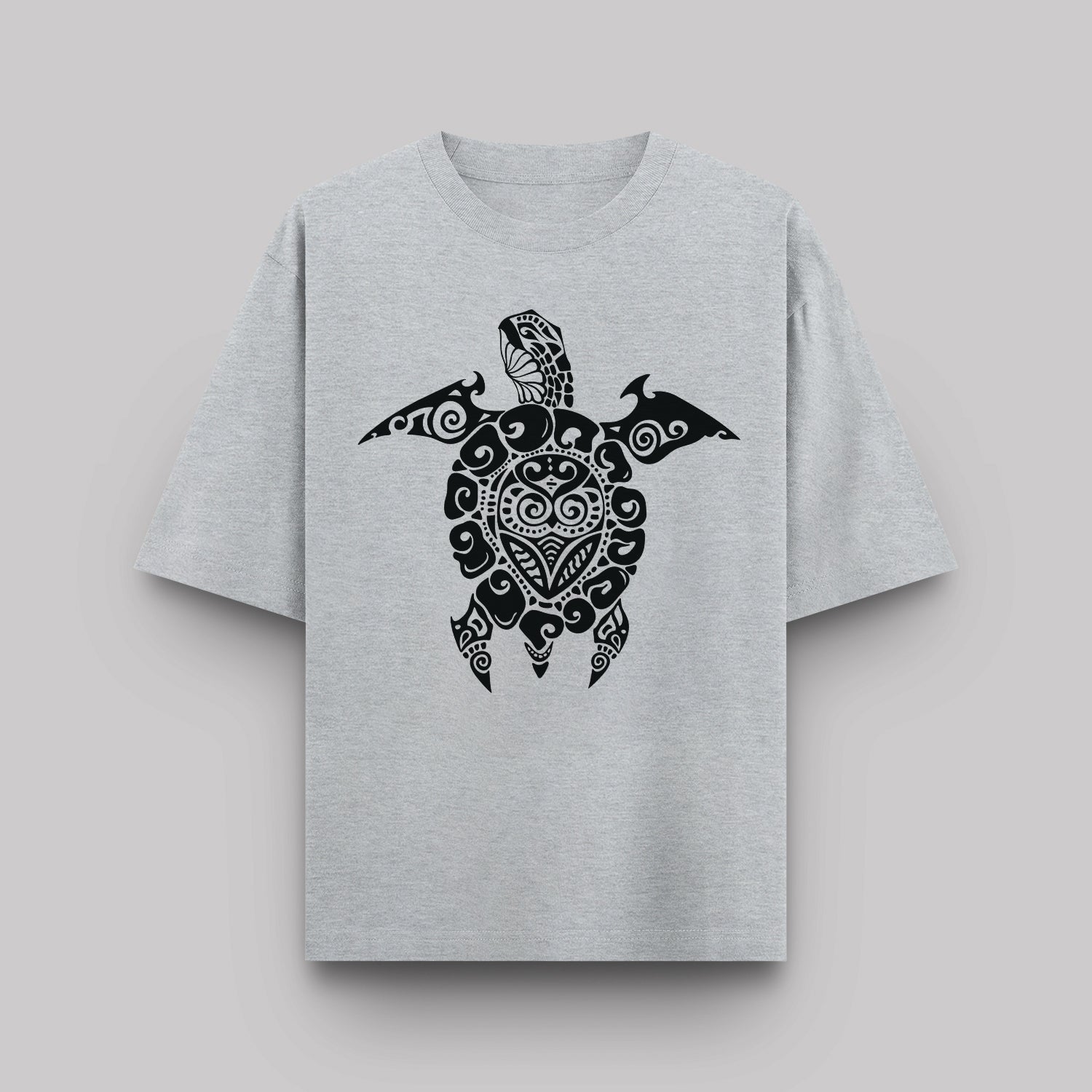 Gray t-shirt with a black turtle design on a light gray background