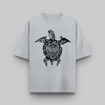 Gray t-shirt with a black turtle design on a light gray background