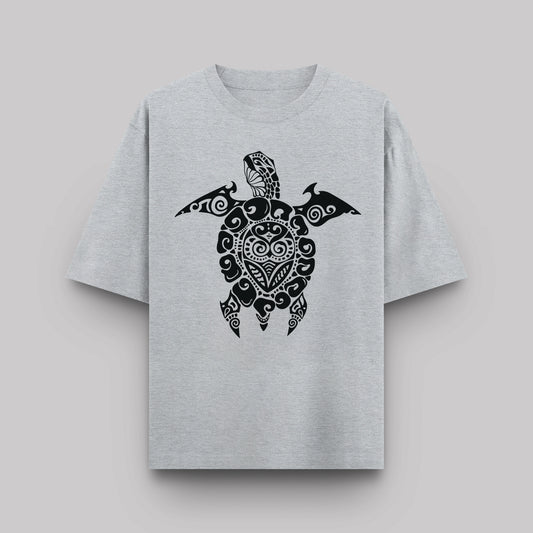 Gray t-shirt with a black turtle design on a light gray background