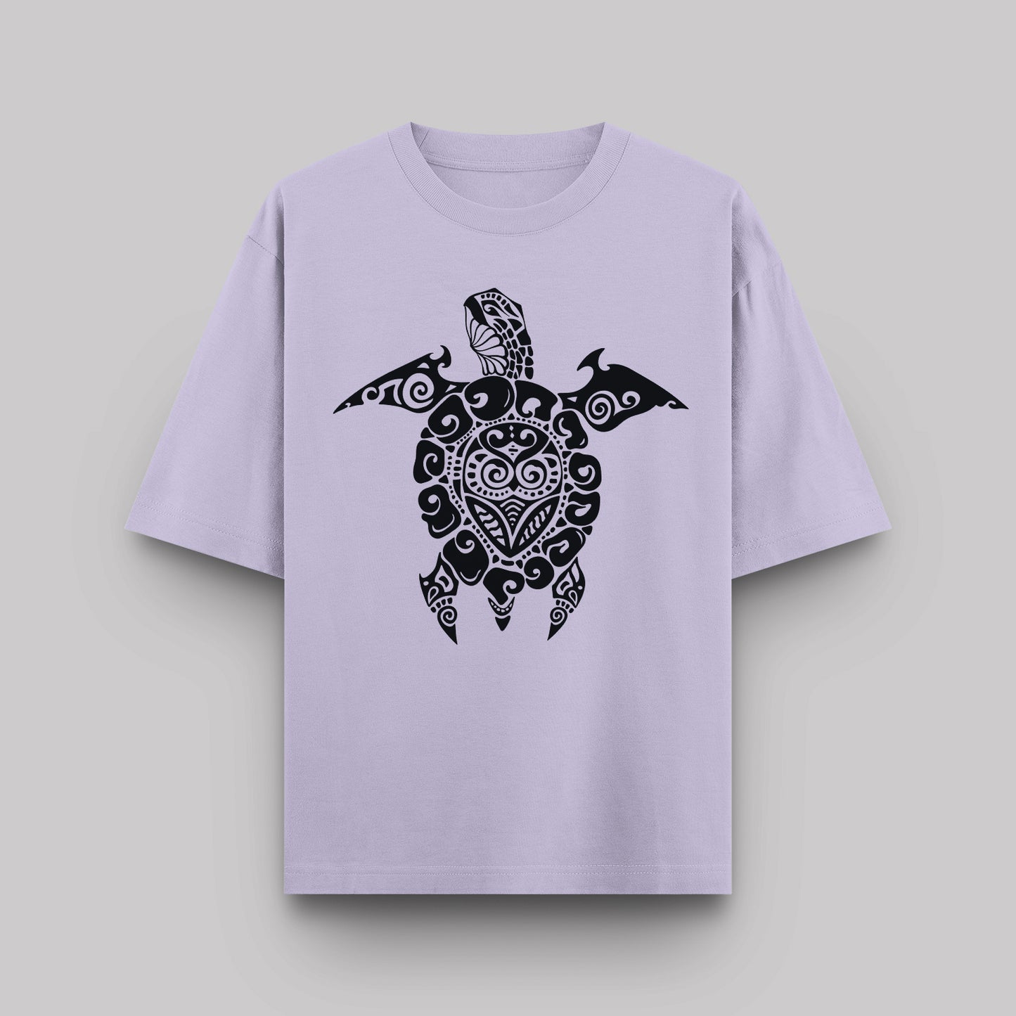 Lavender t-shirt with a black turtle design on a light gray background