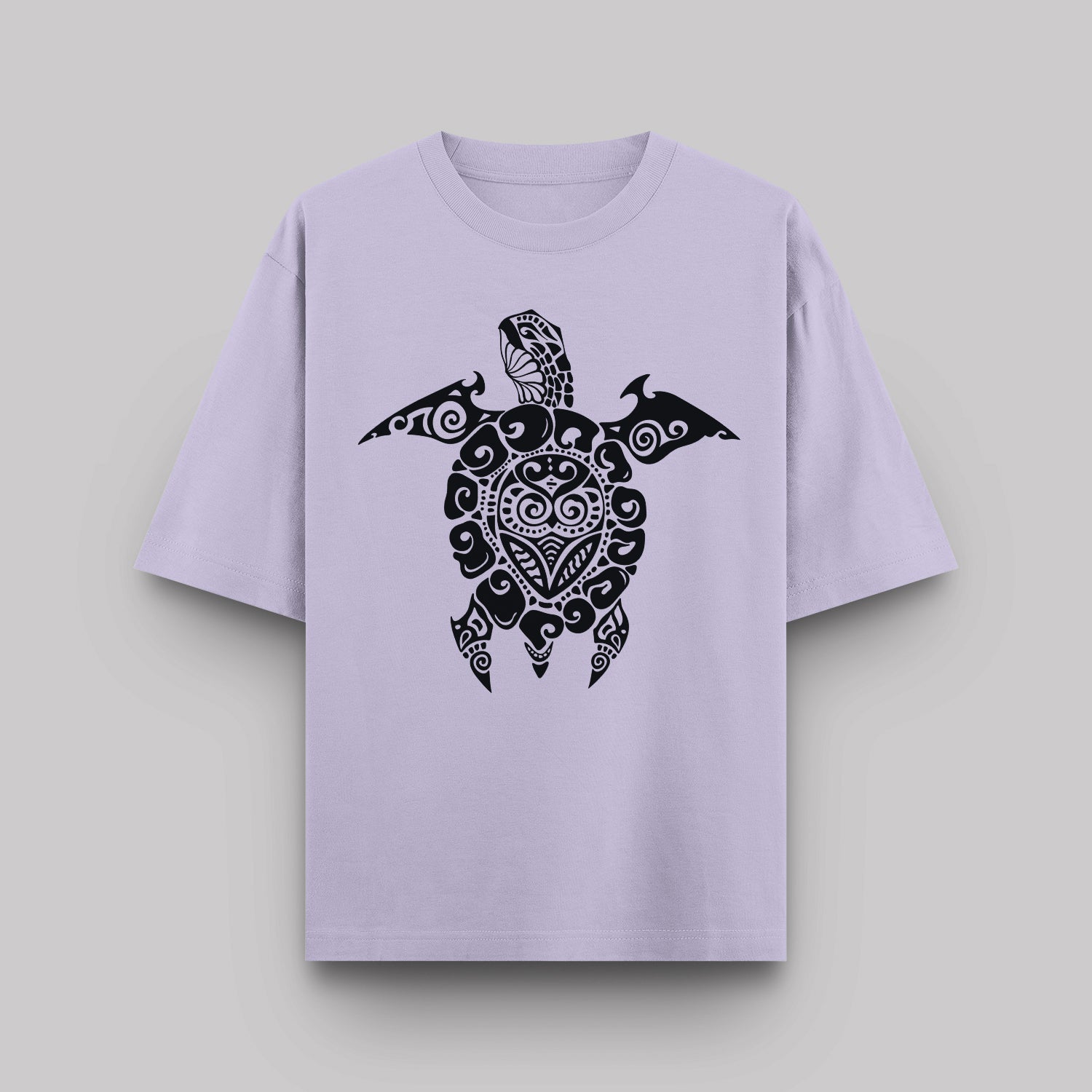 Lavender t-shirt with a black turtle design on a light gray background