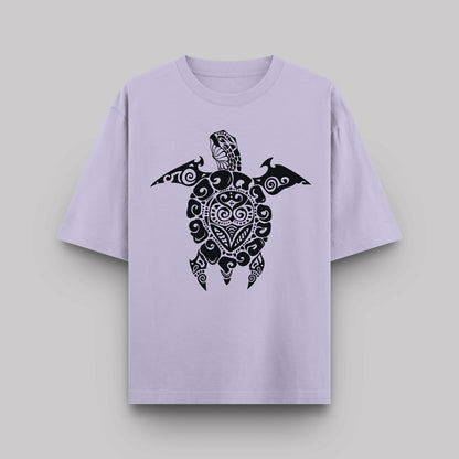 Lavender t-shirt with a black turtle design on a light gray background