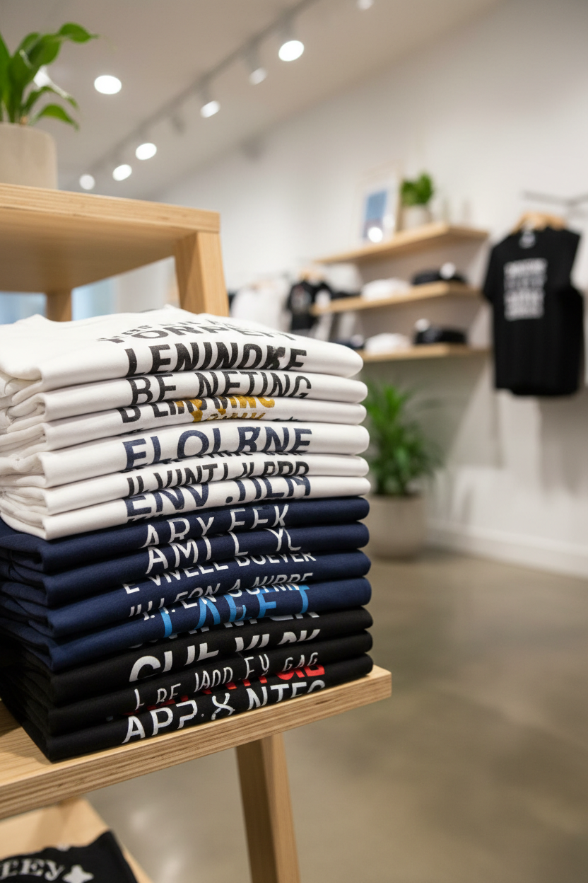Stack of folded t-shirts with text in a store setting